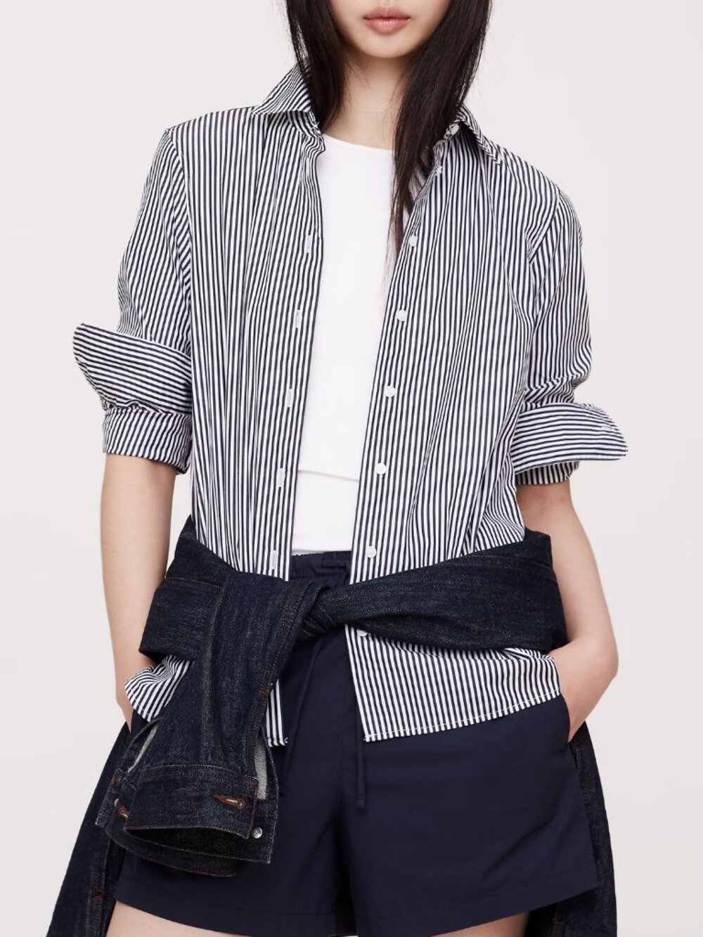 NWT! Banana Republic Navy Blue Stripe The Perfect Everyday Cotton Poplin Shirt L